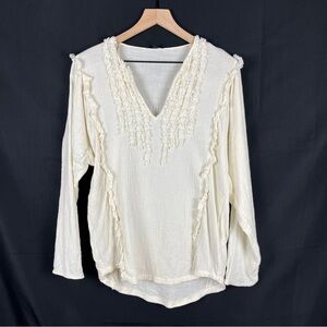 MASSIMO DUTTI Women's Cotton Wool Gauze Long Sleeve Raw Edge Top Cream Size XS